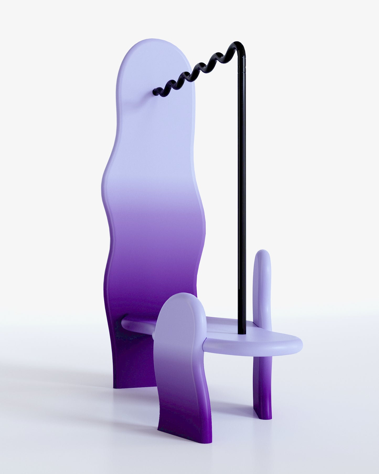 clothing rack with soft shapes and a wavy metal hanging tube, purple gradient