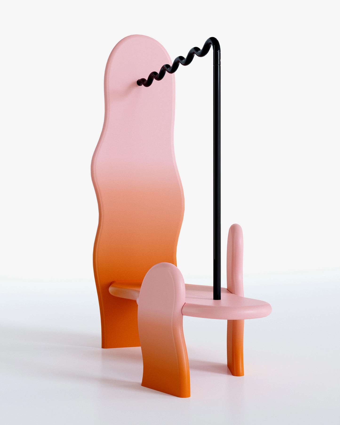 clothing rack with soft shapes and a wavy metal hanging tube, orange-pink gradient