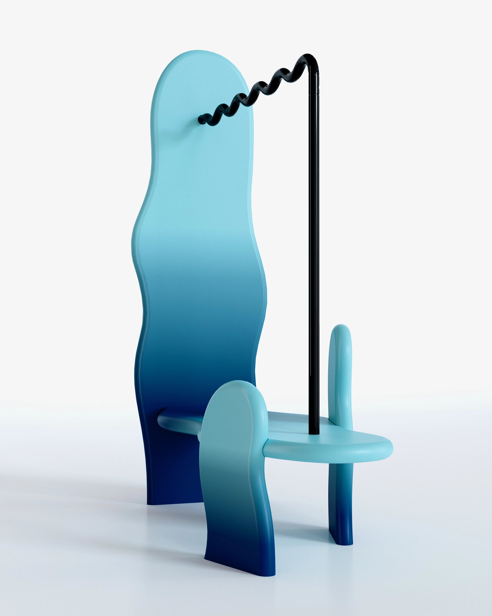 clothing rack with soft shapes and a wavy metal hanging tube, cyan-blue gradient