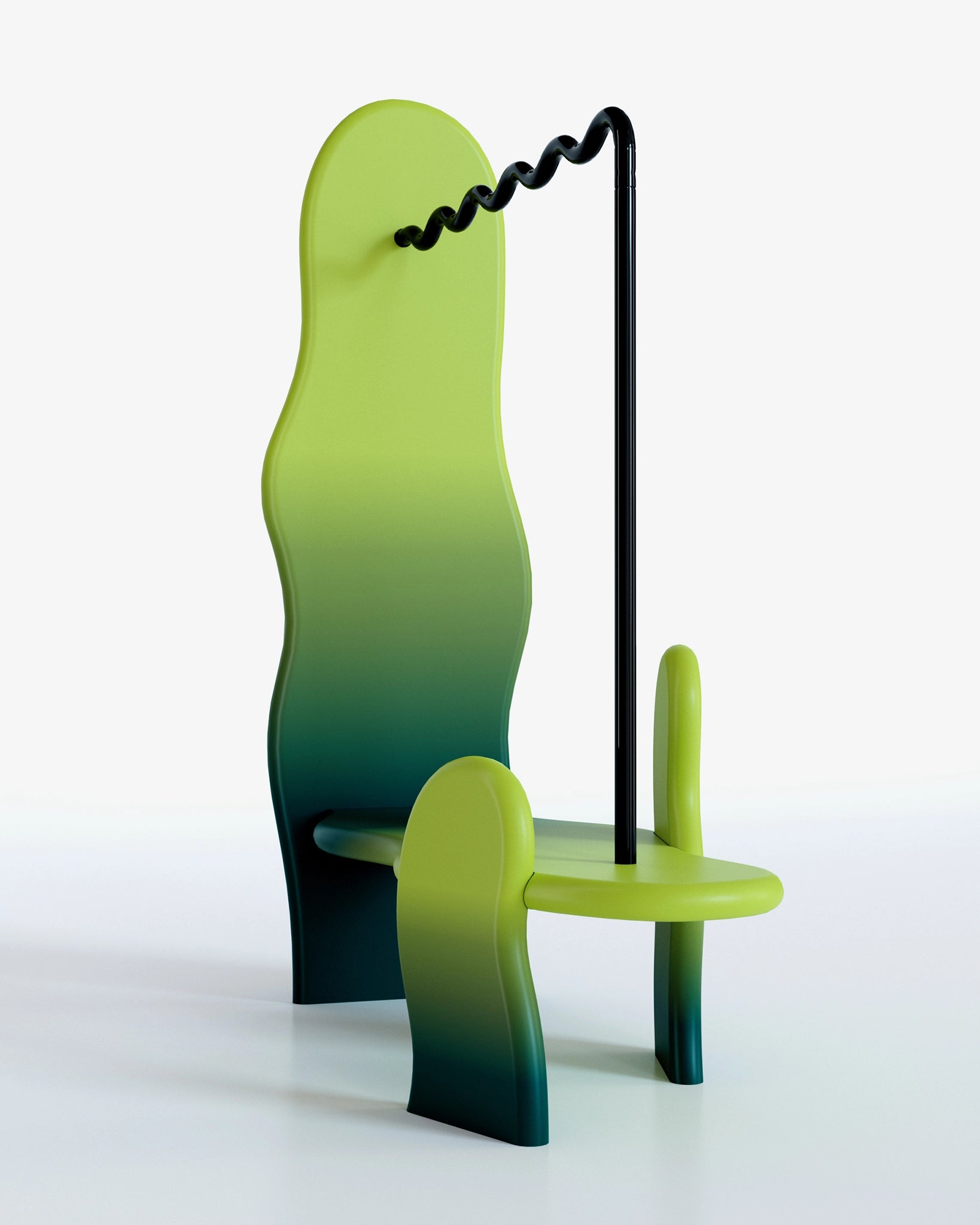 clothing rack with soft shapes and a wavy metal hanging tube, green gradient