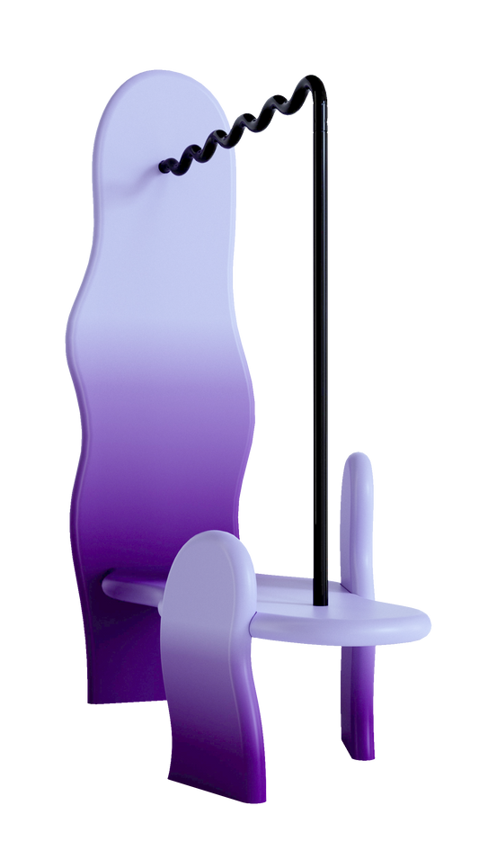 clothing rack with soft shapes and a wavy metal hanging tube, purple gradient